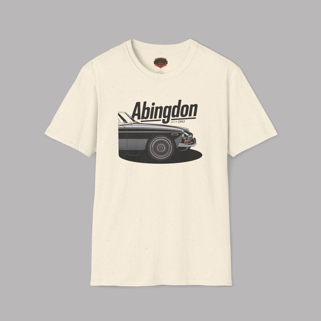Natural t-shirt with a graphic of a classic car and 'Abingdon' text on a gray background