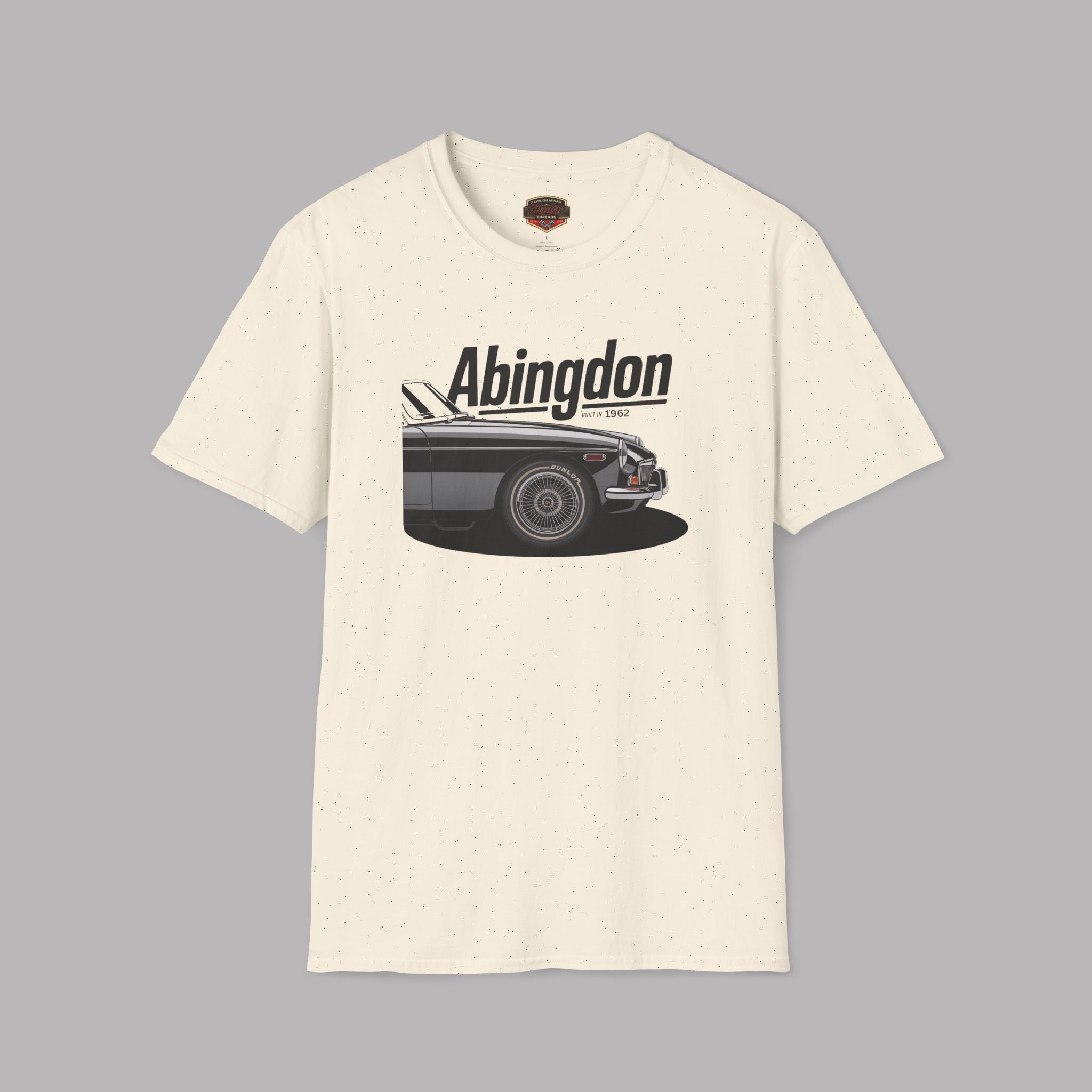 Natural t-shirt with a graphic of a classic car and 'Abingdon' text on a gray background