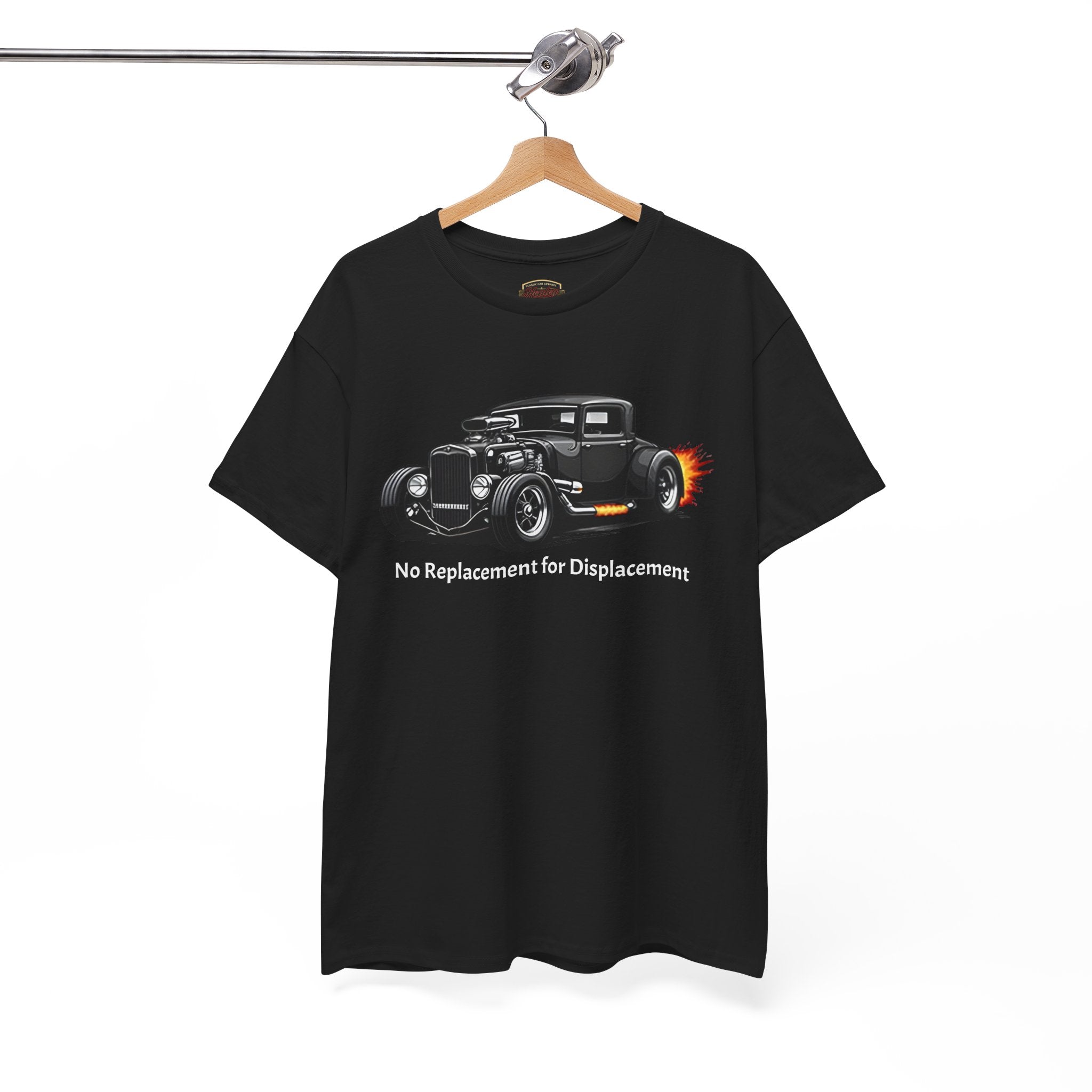 Black t-shirt with a graphic of a classic car and text on a hanger against a white background