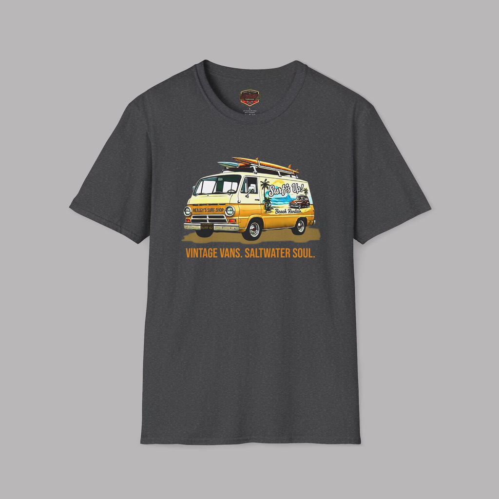 Dark heather t-shirt with a vintage van graphic and text on a gray background