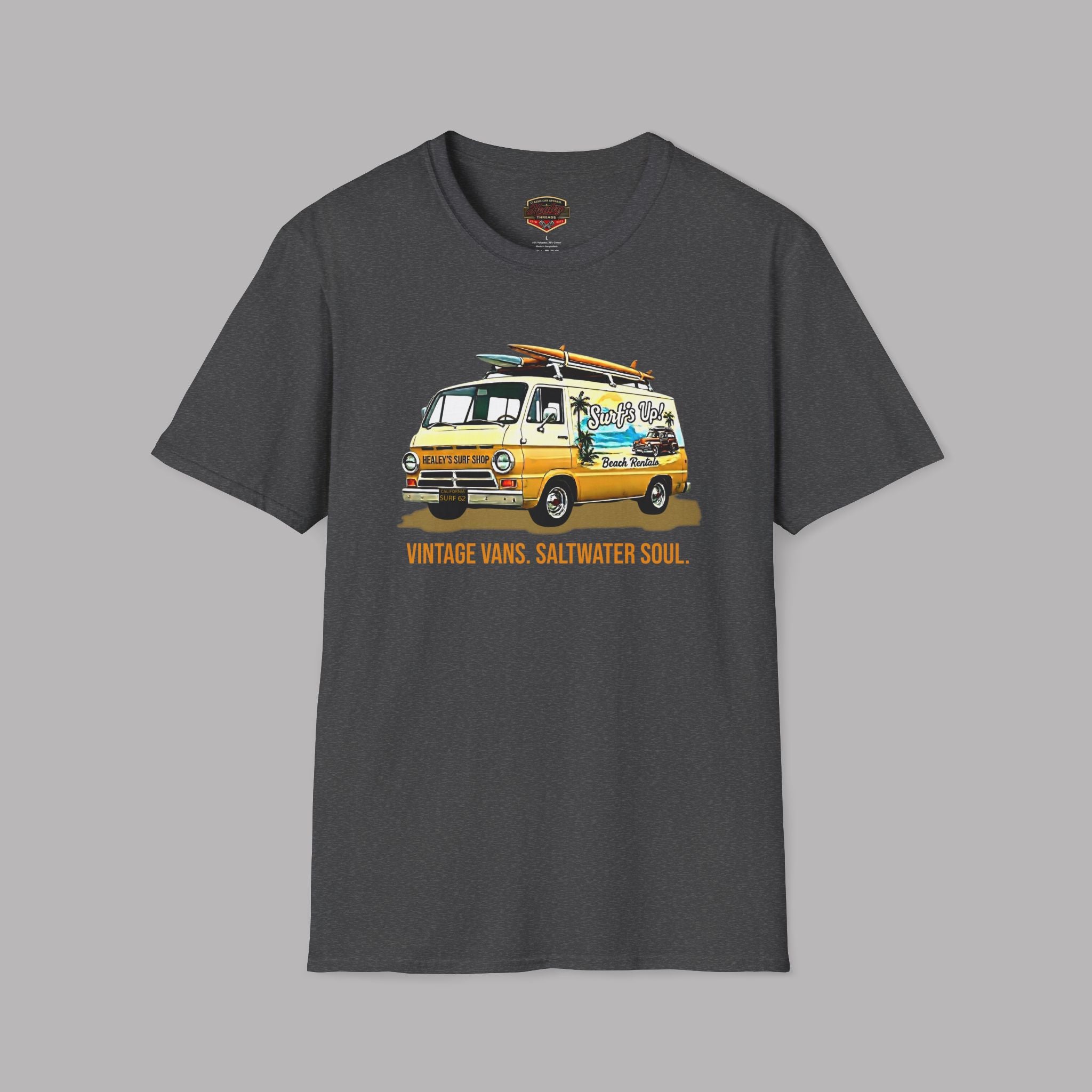 Dark heather t-shirt with a vintage van graphic and text on a gray background