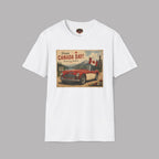 A white crewneck t-shirt featuring a vintage-style 'Happy Canada Day!' graphic print on the chest, showing a red convertible car and a Canadian flag.