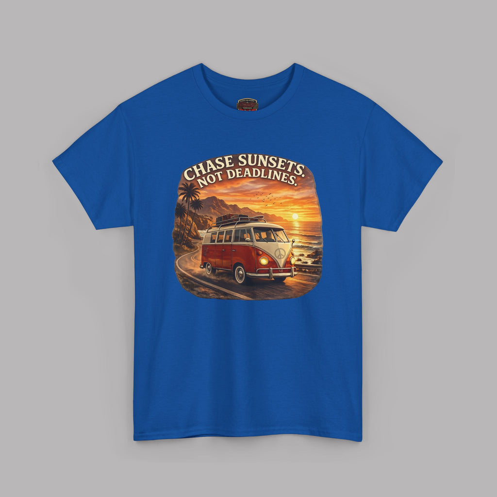 Royal blue t-shirt with a graphic of a red classic van and sunset text on a gray background