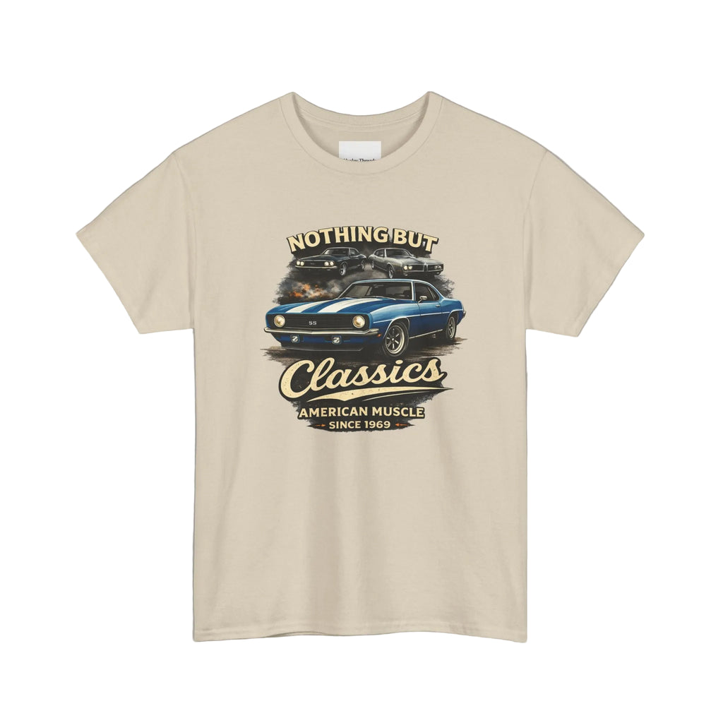 Beige t-shirt with a graphic of a classic car and text on a white background