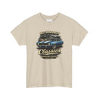 Beige t-shirt with a graphic of a classic car and text on a white background