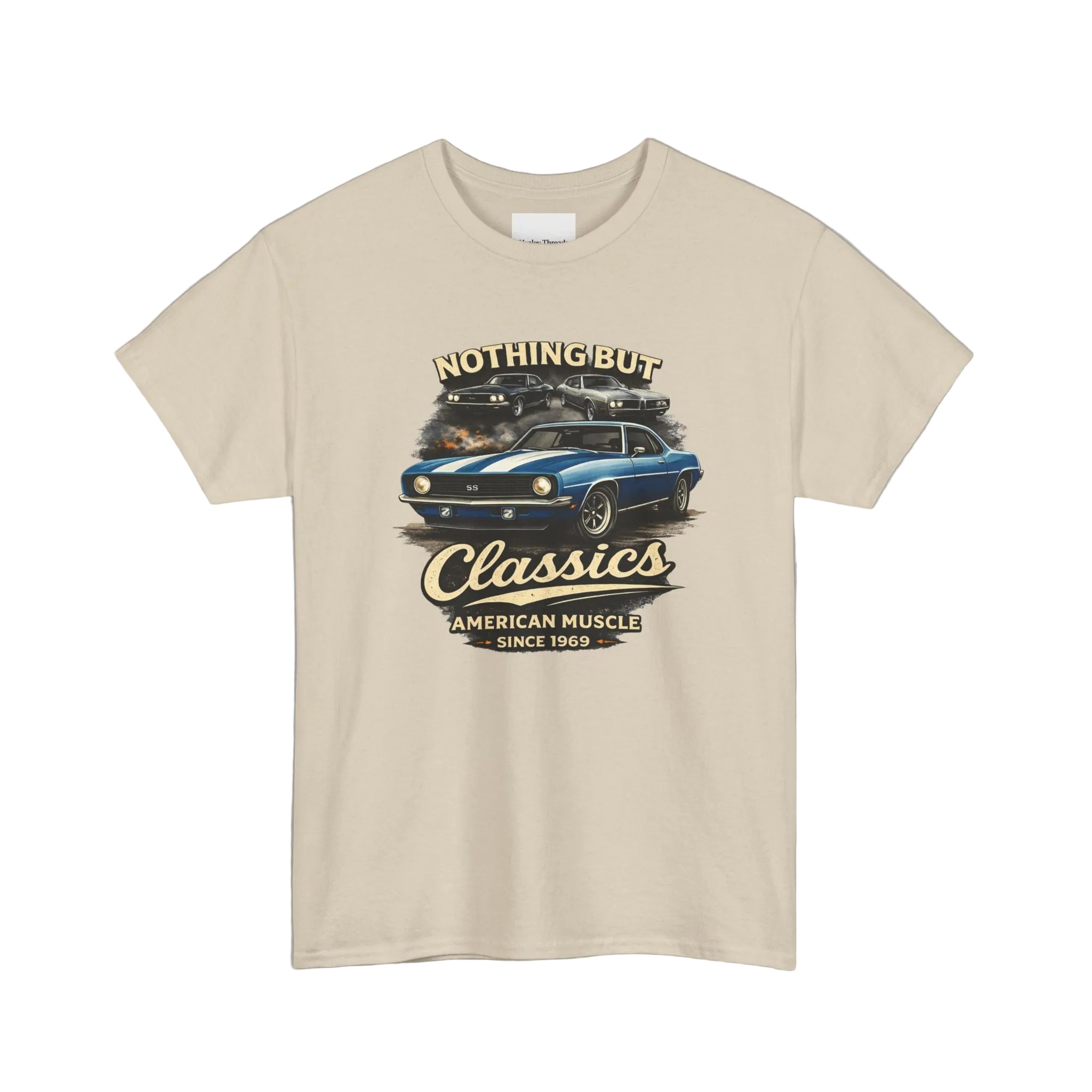 Beige t-shirt with a graphic of a classic car and text on a white background