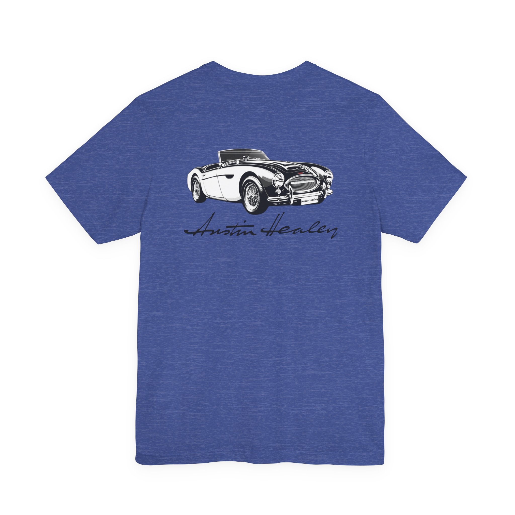 Back of a heather blue t-shirt with a graphic of an Austin Healey car on the back against a white background