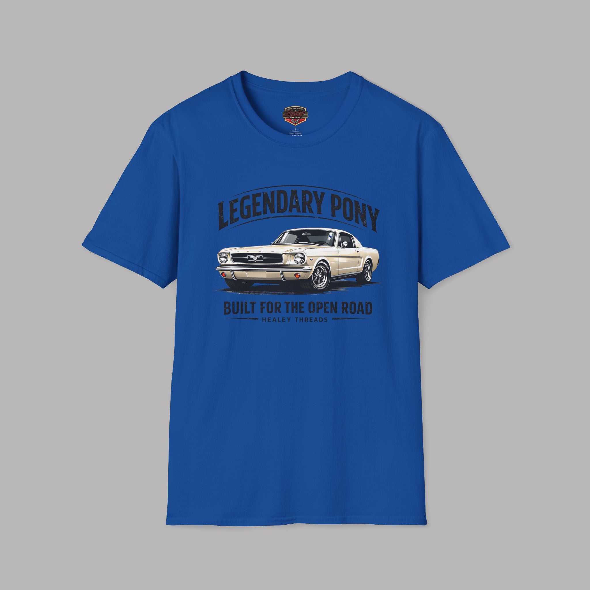 Royal blue t-shirt with a graphic of a classic car and text on a gray background