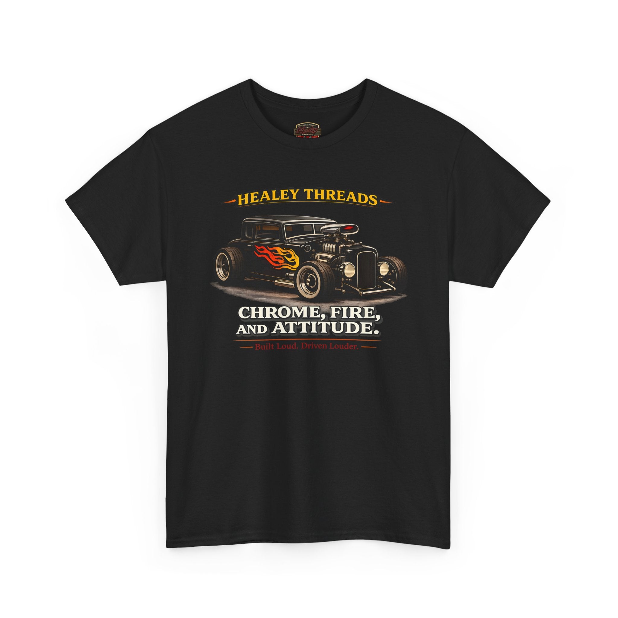 Black t-shirt with vintage hot rod car graphic and text on a white background