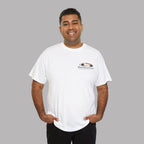 Man wearing a white t-shirt with a Healey classic car graphic design on a gray background