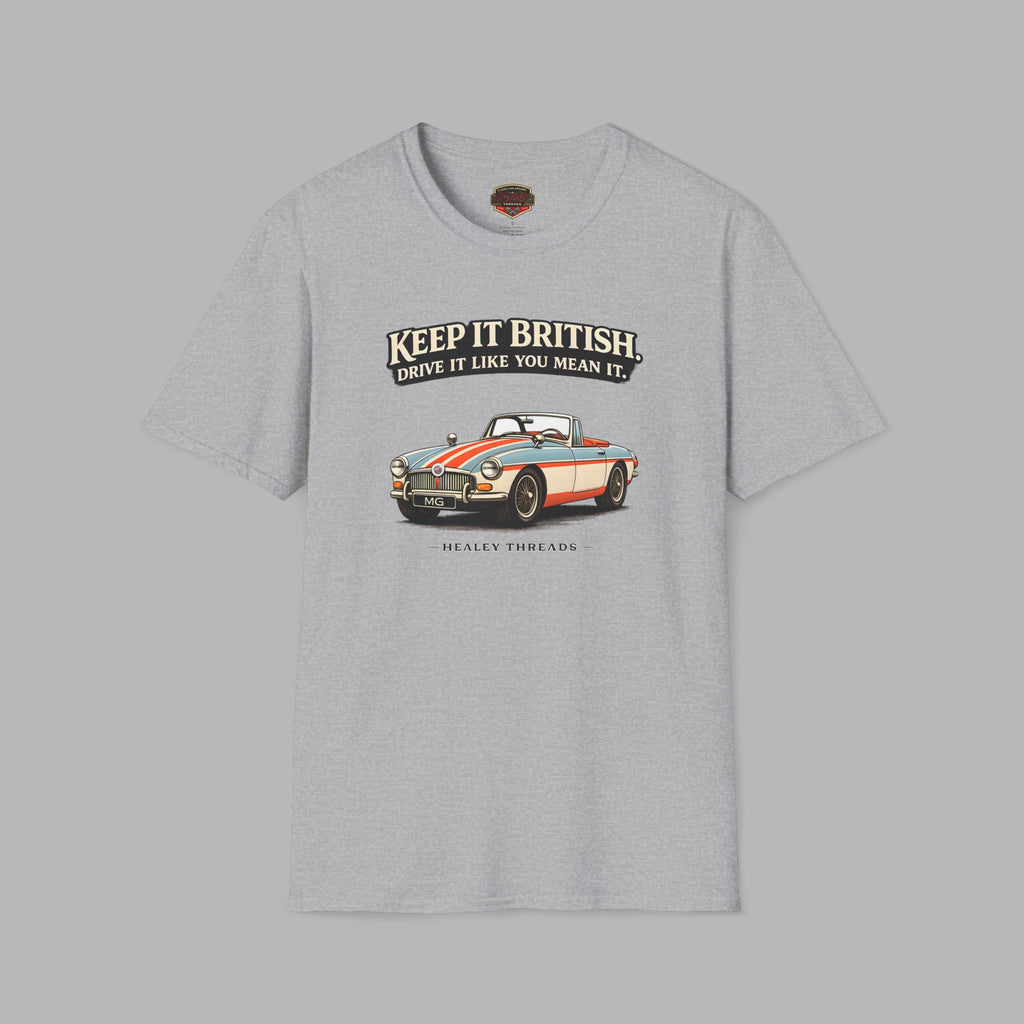 Sport gray t-shirt with a MGB car graphic and text on a gray background