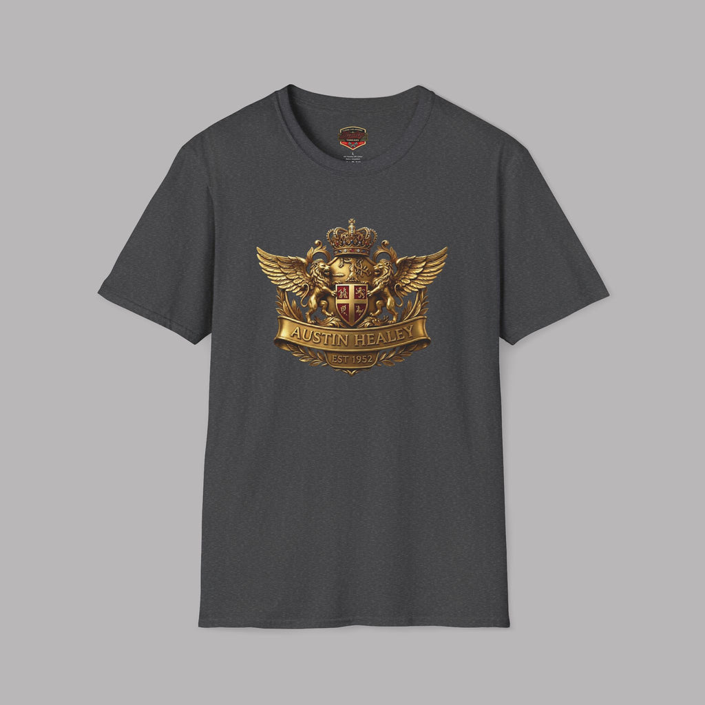 Dark heather t-shirt with Austin Healey custom logo on a gray background