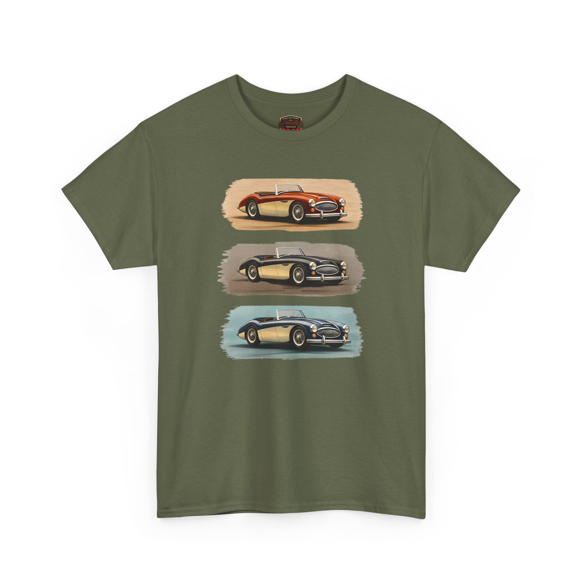 Military green t-shirt with vintage Healey car design on a white background