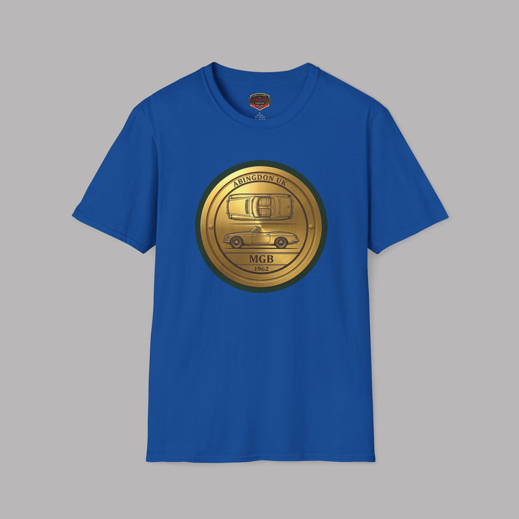 Royal blue t-shirt with a gold classic car emblem on a gray background