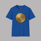 Royal blue t-shirt with a gold classic car emblem on a gray background