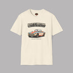 Sand t-shirt with a graphic of a classic car and text on a gray background