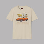 Sand t-shirt with a graphic of a classic 240Z car and text on a gray background