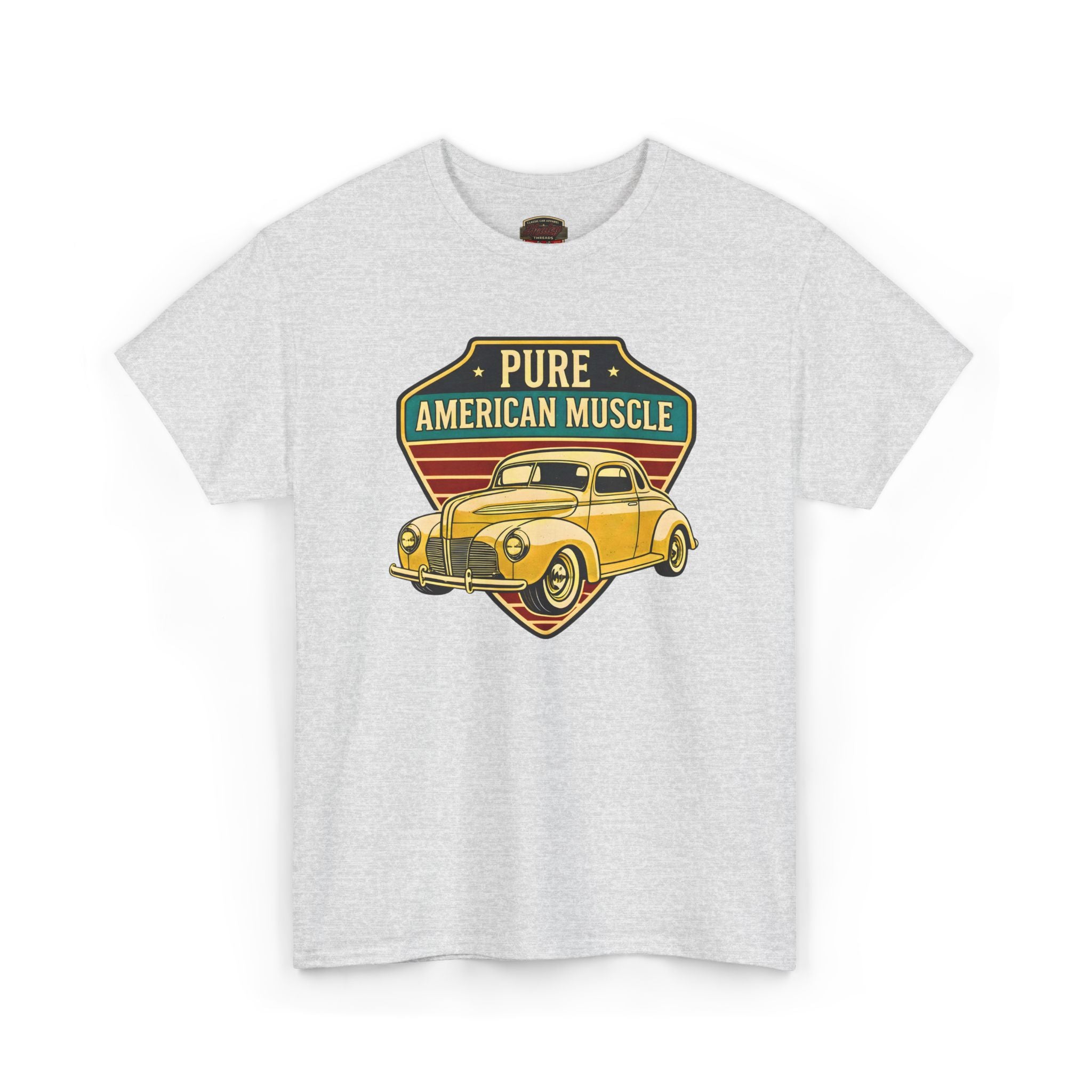 Ash t-shirt with a graphic of a vintage car and 'Pure American Muscle' text on a white background