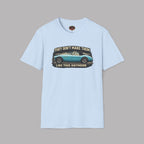 Light blue t-shirt with a graphic of a classic car and text on a gray background