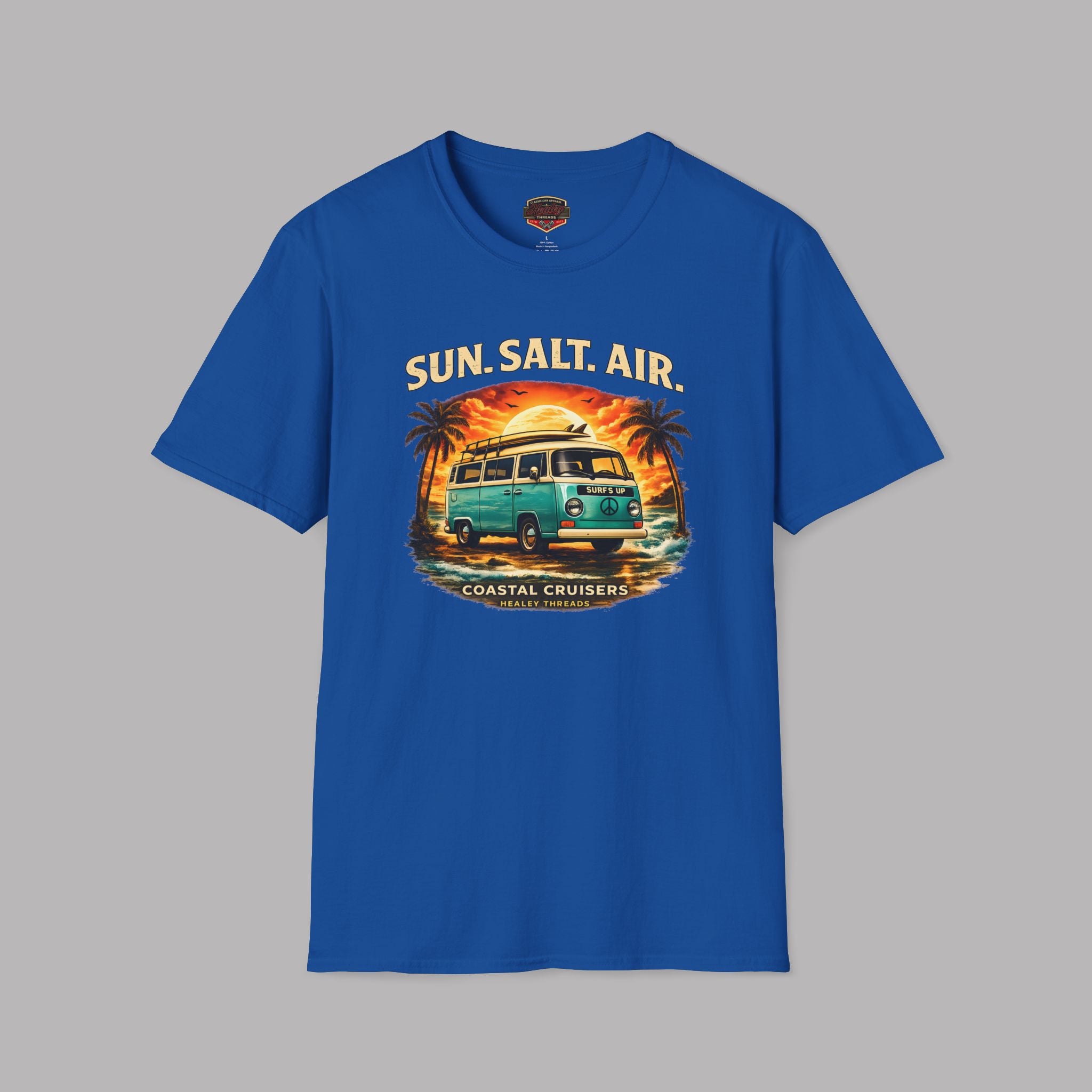Royal blue t-shirt with a classic graphic design of a van, palm trees, and text 'Sun. Salt. Air.' on a gray background.