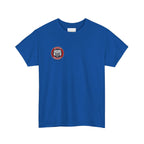 Blue t-shirt with a red and white logo on a white background