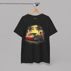 Black t-shirt with a graphic of a classic car and palm trees on a hanger against a gray background