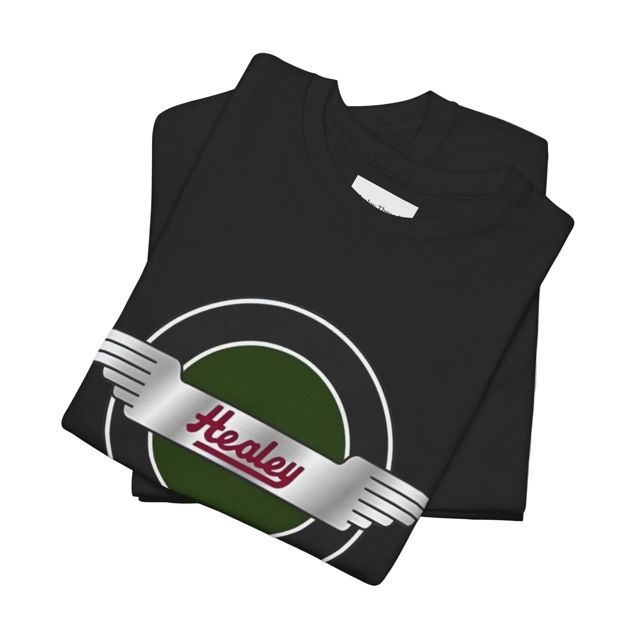 Folded black t-shirt with a Healey graphic design on a white background