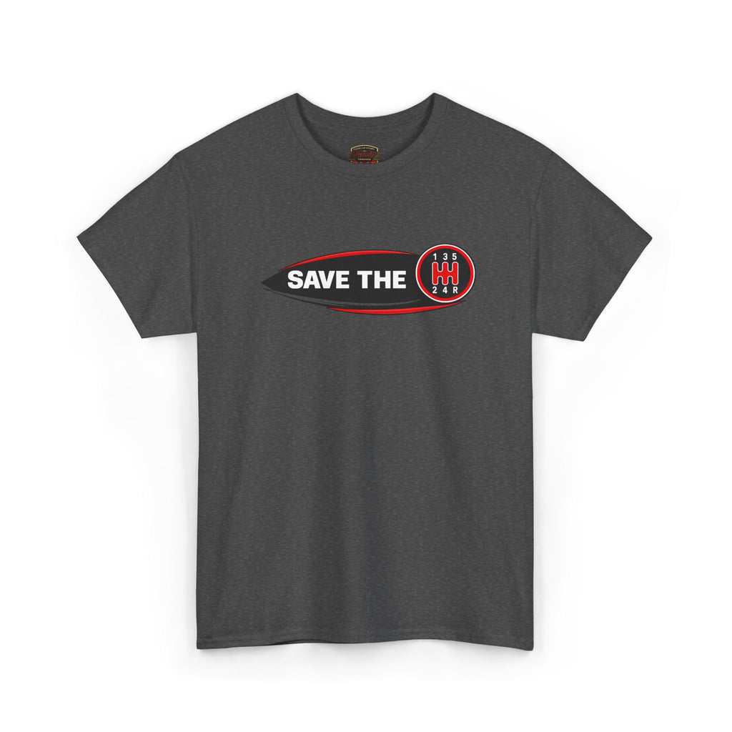 Gray t-shirt with 'Save the stick shift' graphic design on a white background