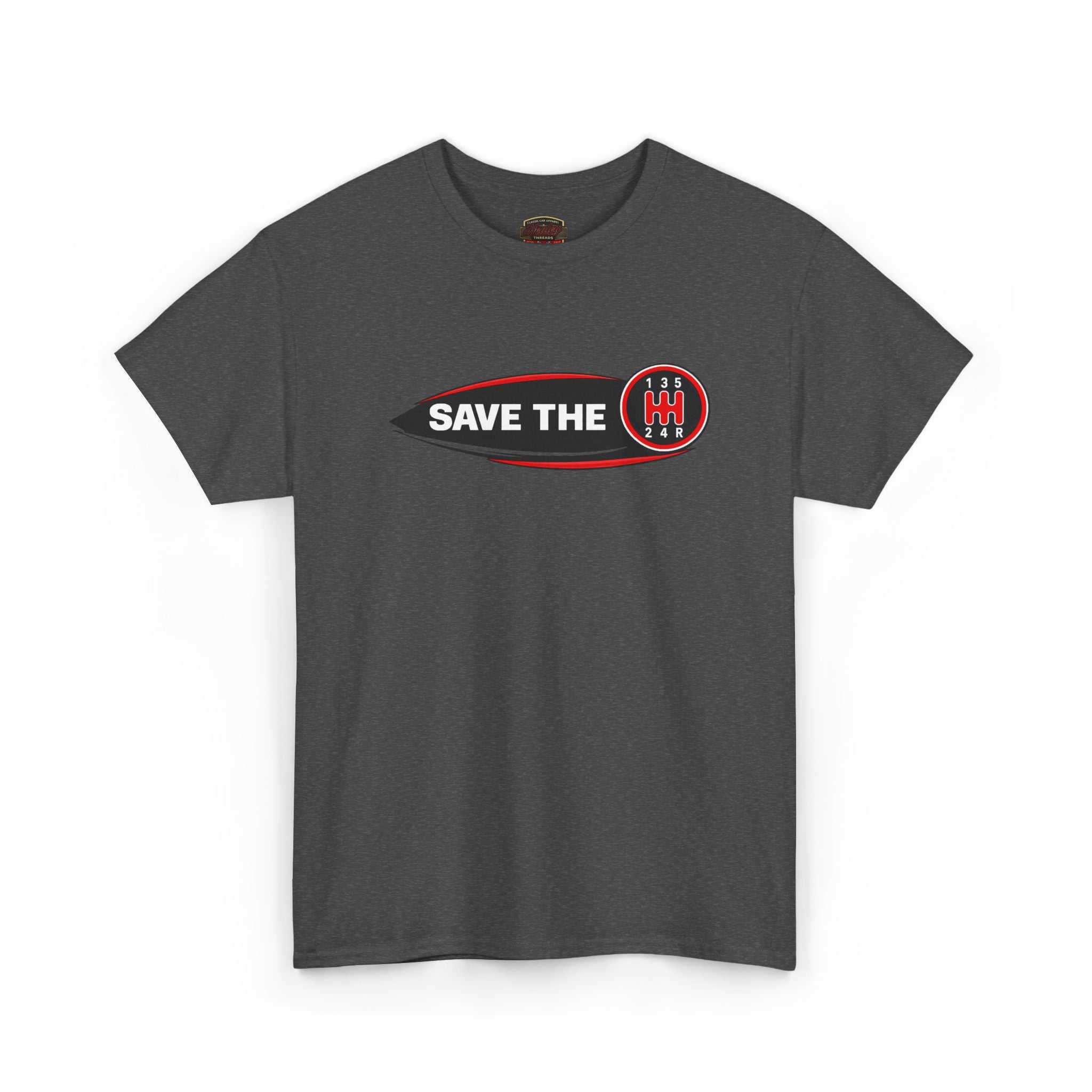 Gray t-shirt with 'Save the stick shift' graphic design on a white background