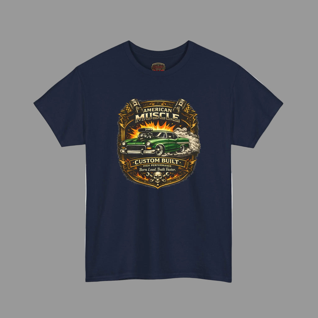 Navy blue t-shirt with 'American Muscle' graphic design on a white background
