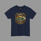 Navy blue t-shirt with 'American Muscle' graphic design on a white background