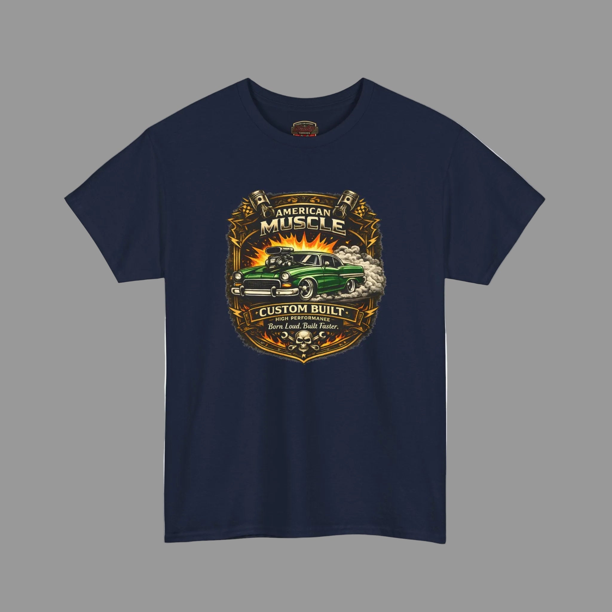 Navy blue t-shirt with 'American Muscle' graphic design on a white background