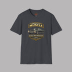 Dark heather t-shirt with 'American Muscle' car graphic design on a gray background 