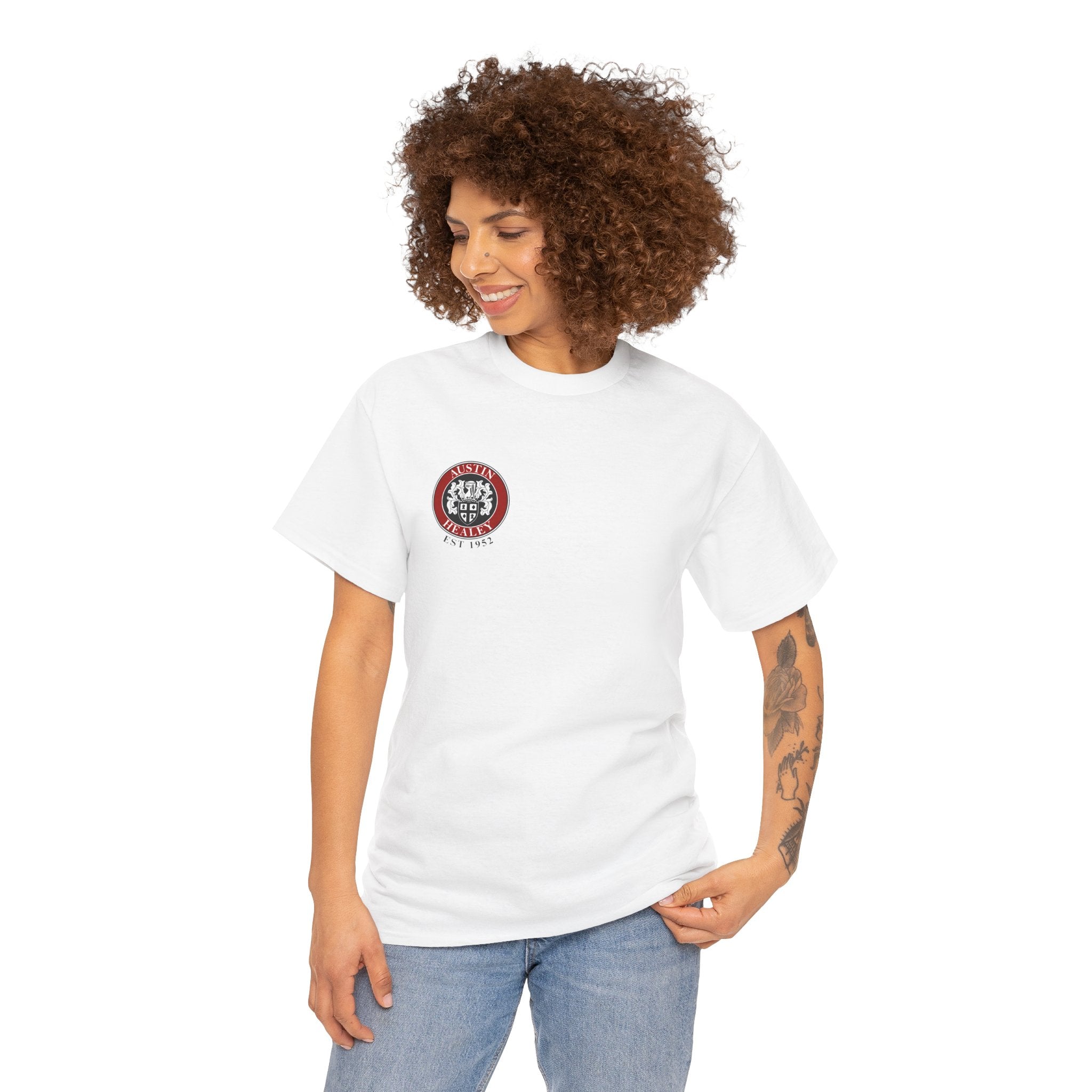 Woman wearing a white t-shirt with a logo on a white background