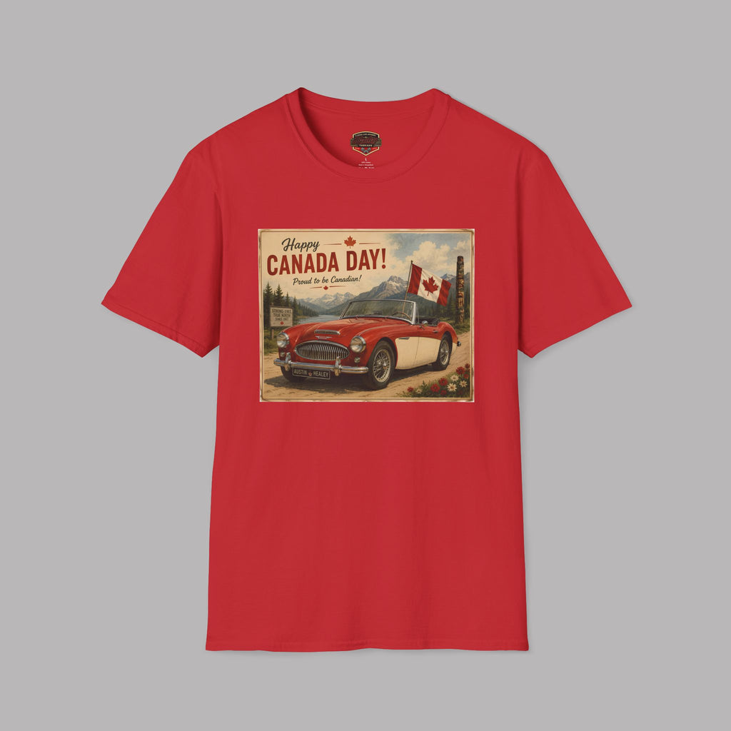 A red short-sleeve crewneck t-shirt featuring a vintage-style Canada Day graphic print on the chest, displayed against a solid gray background.