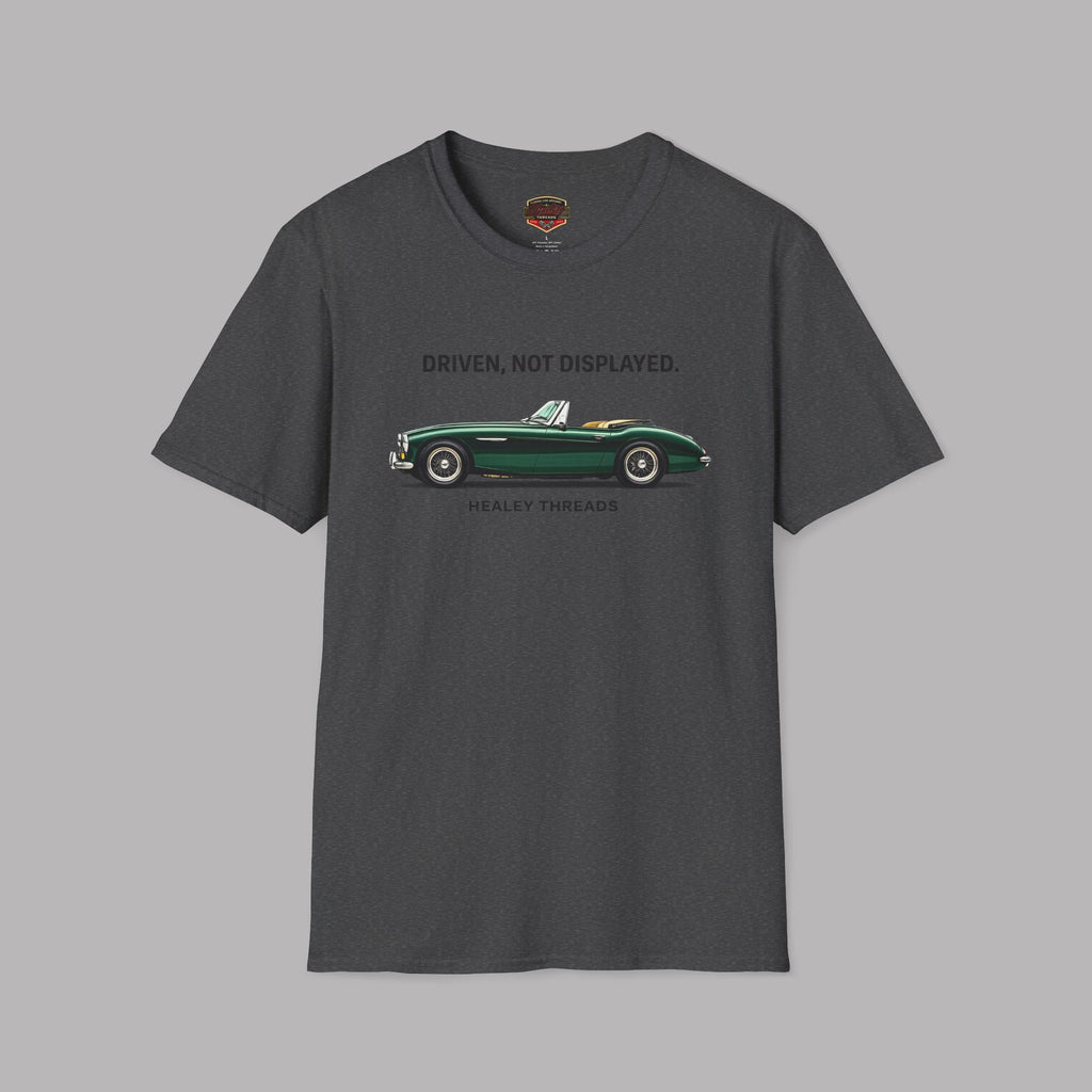 Dark heather t-shirt with green classic car graphic and text on a gray background