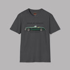 Dark heather t-shirt with green classic car graphic and text on a gray background