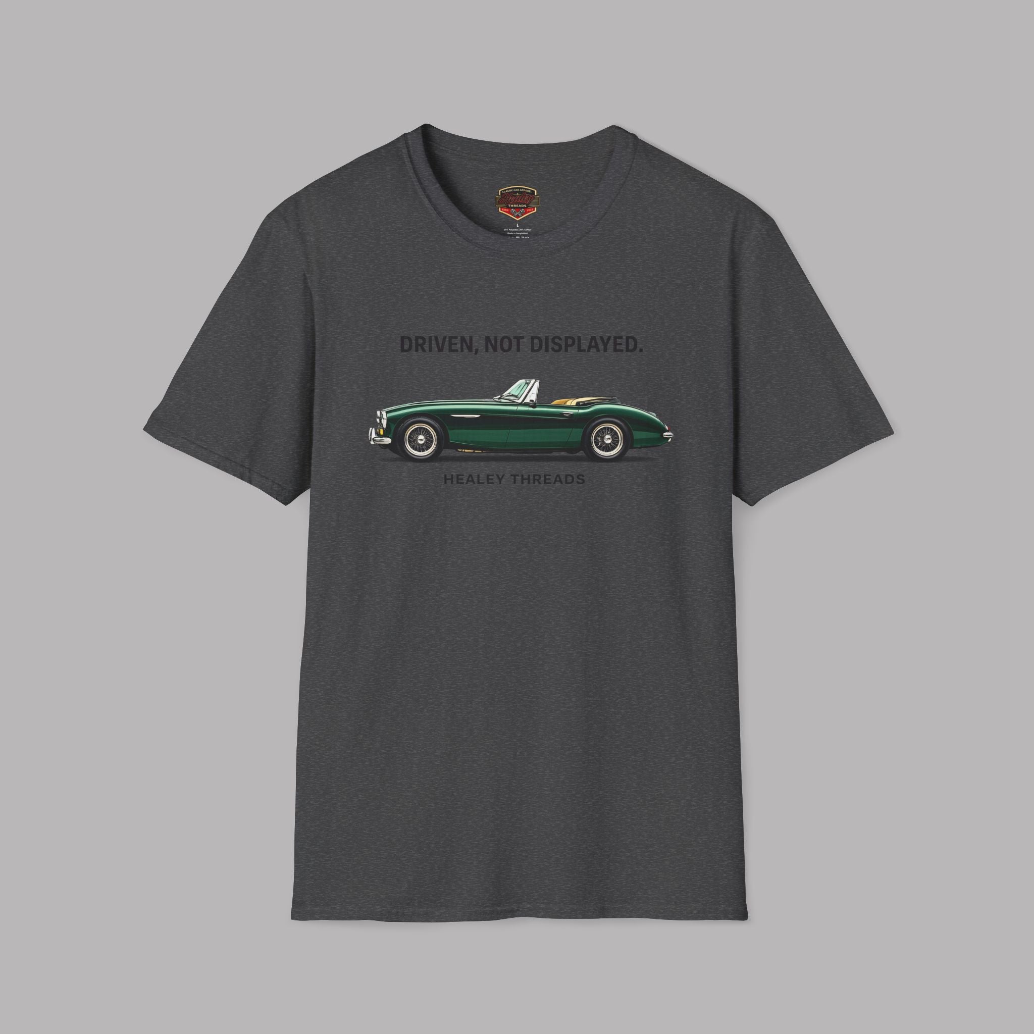 Dark heather t-shirt with green classic car graphic and text on a gray background
