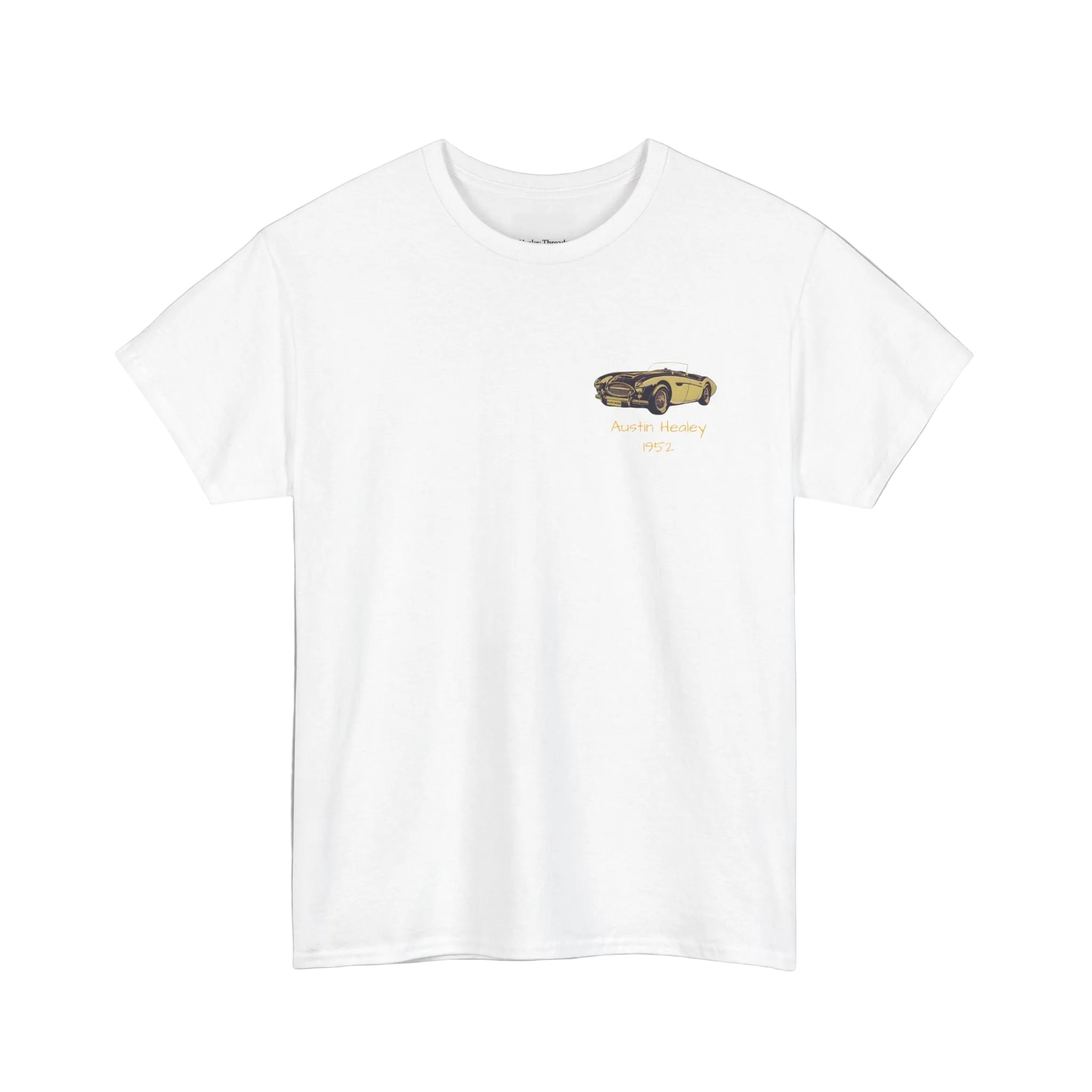 White t-shirt with a car graphic on a white background