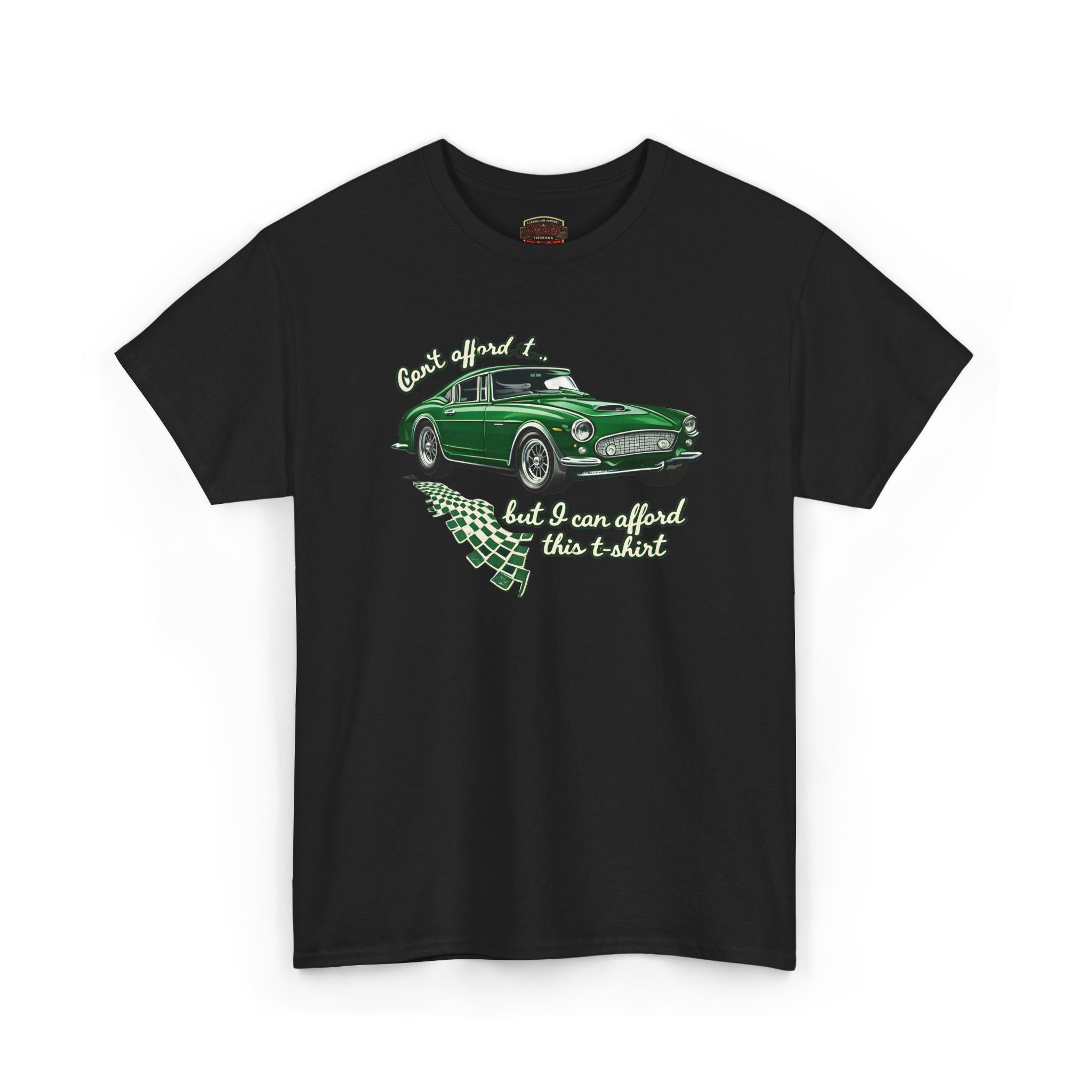 Black t-shirt with a green car graphic and text on a white background