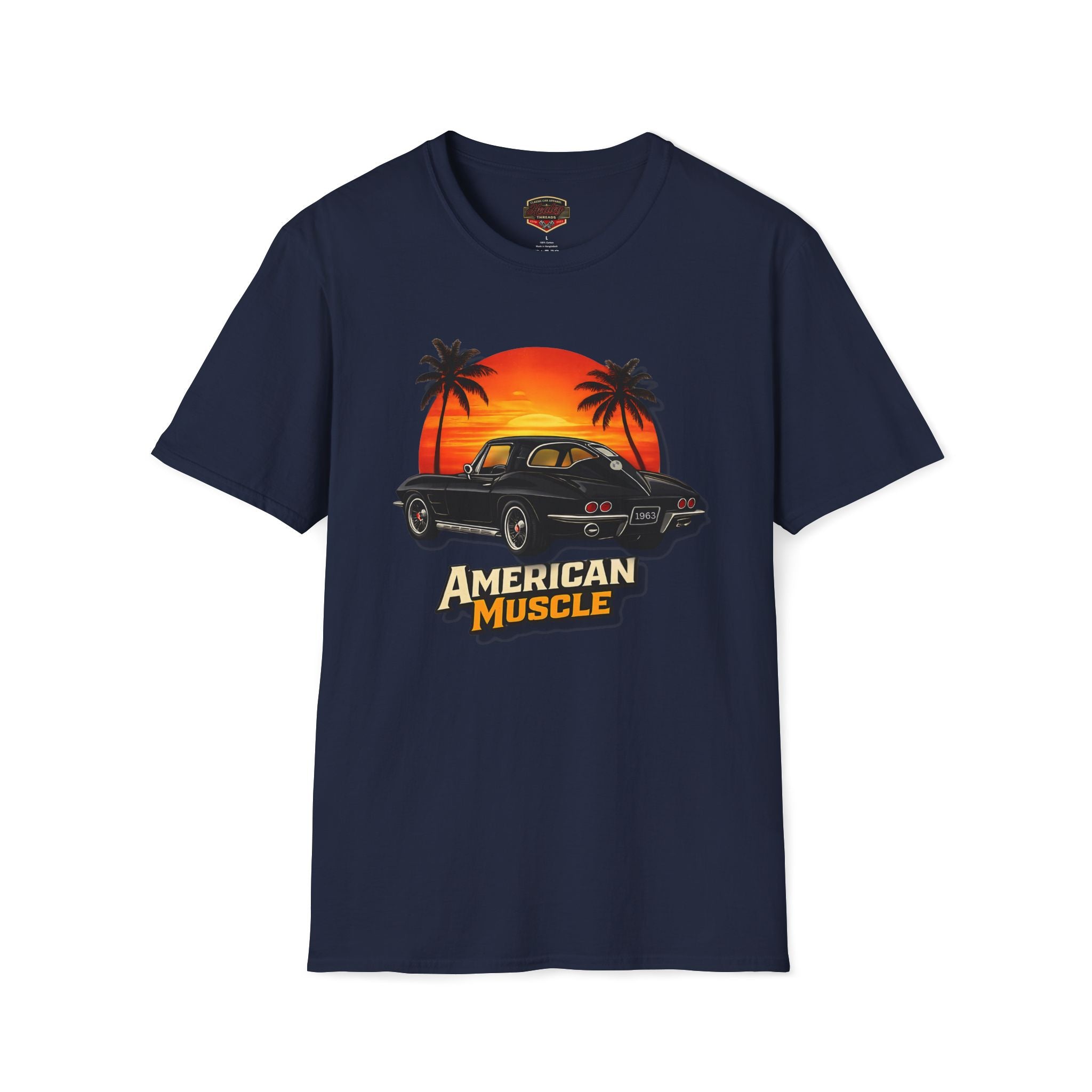 Navy blue t-shirt with 'American Muscle' graphic design featuring a sunset and palm trees on a white background.