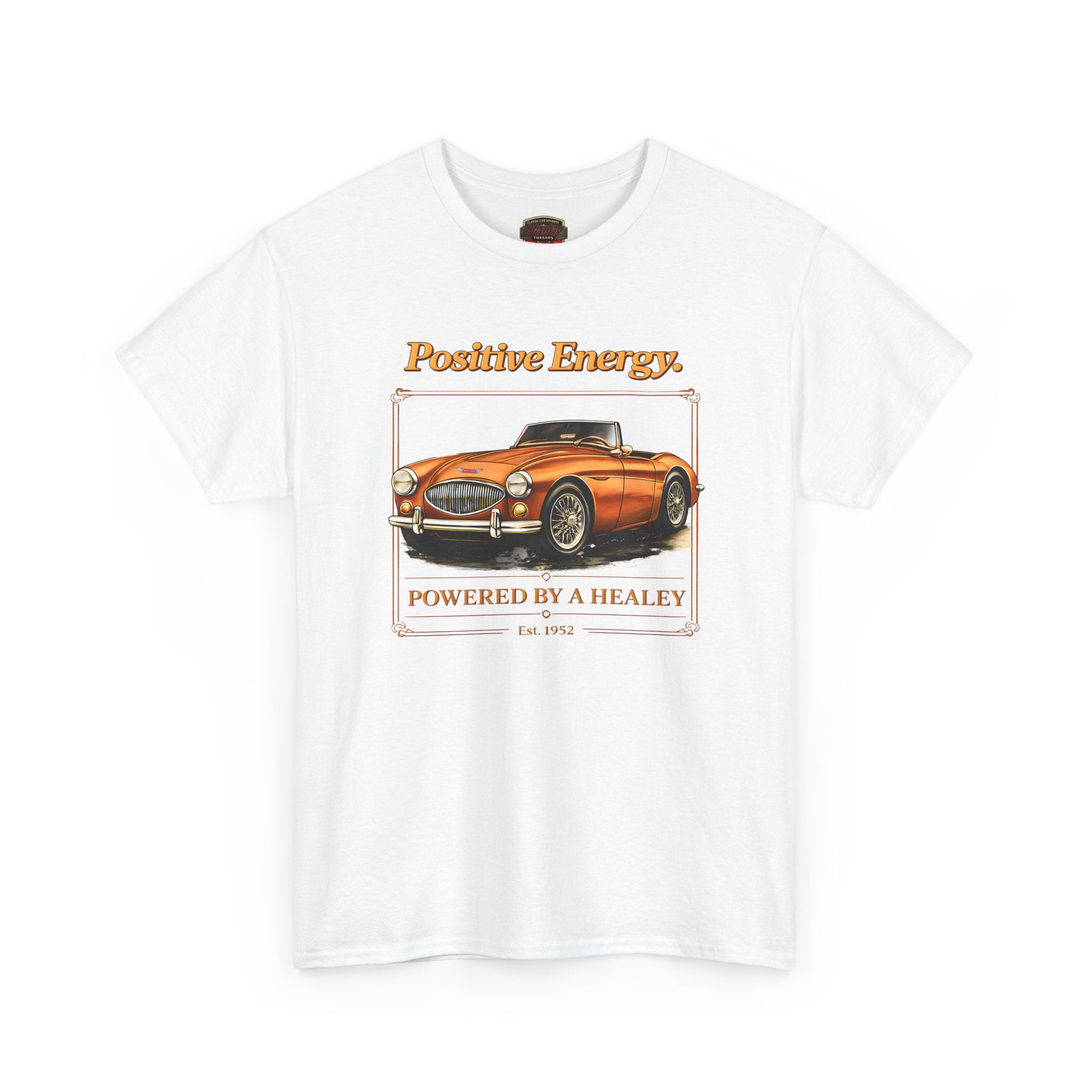 White t-shirt with a vintage car graphic and 'Positive Energy' text on a white background