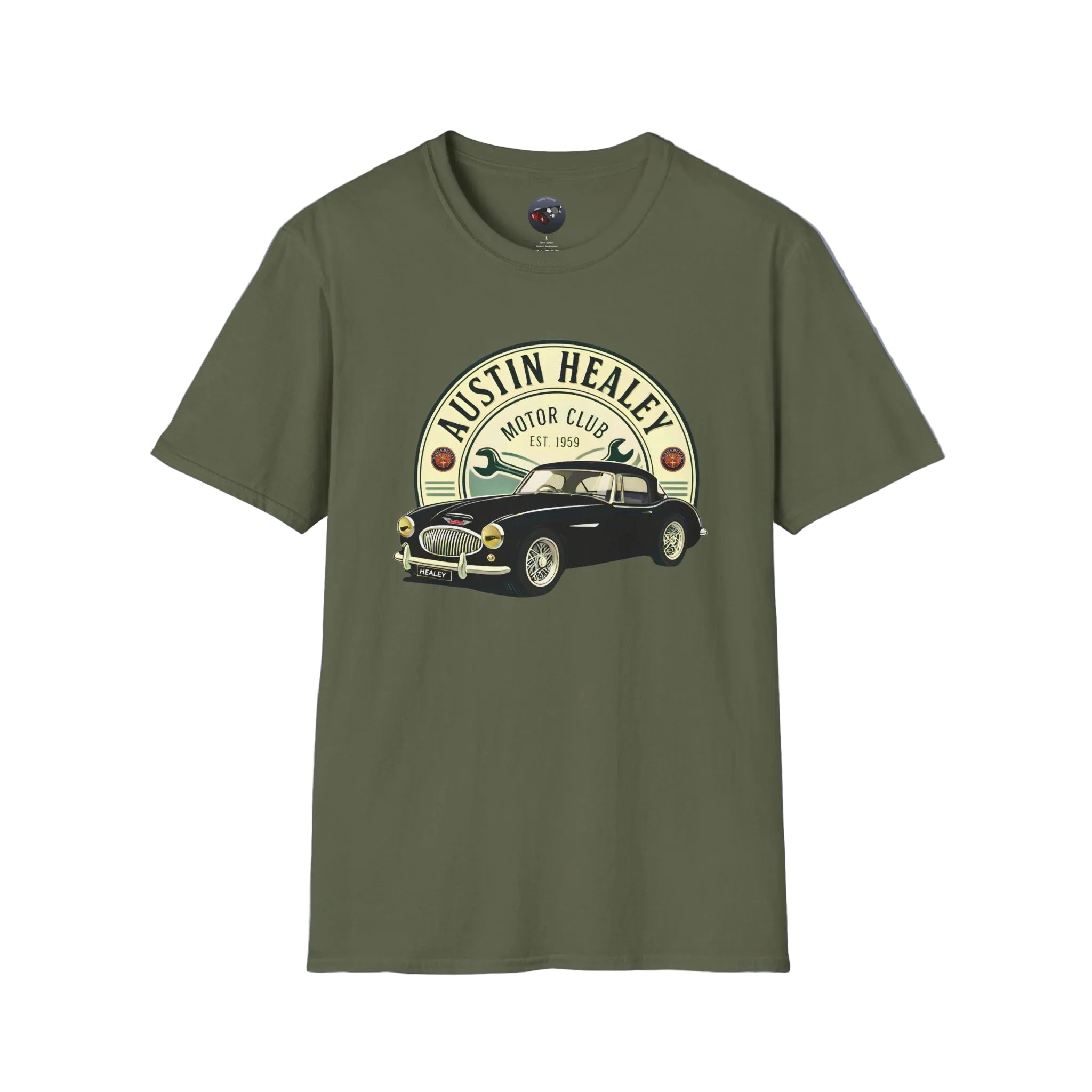 Green t-shirt with Austin Healey graphic on a white background