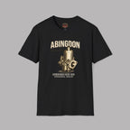 Black t-shirt with an English carburetor graphic design on a gray background