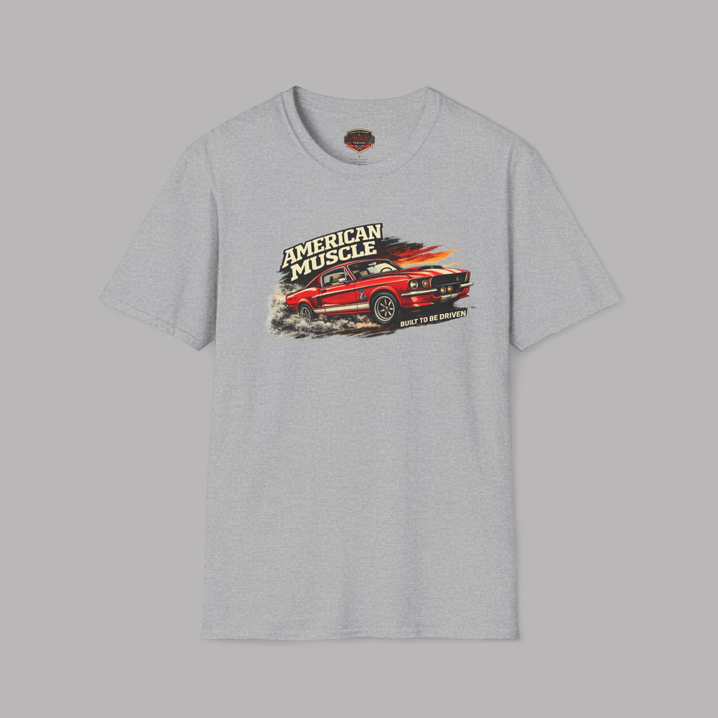 Sport gray t-shirt with a red muscle car graphic and 'American Muscle' text on a gray background