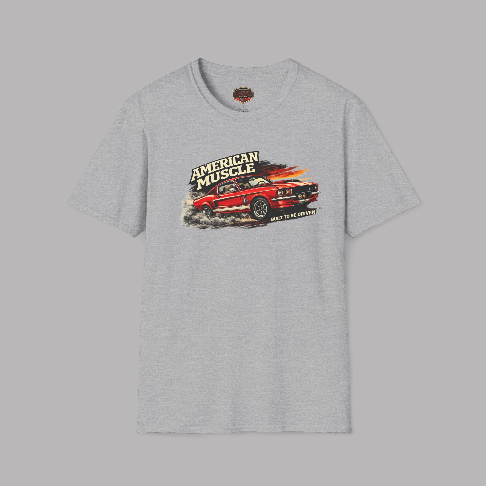 Sport gray t-shirt with a red muscle car graphic and 'American Muscle' text on a gray background