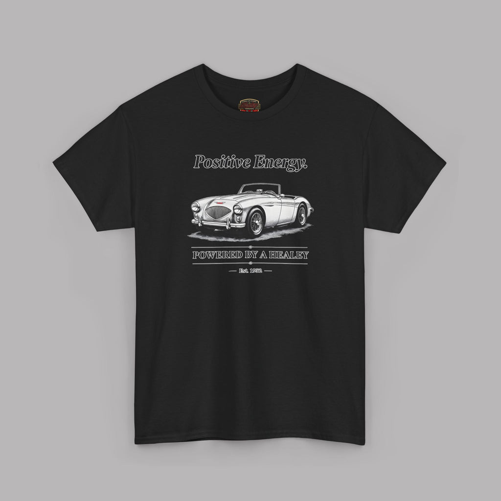 Black t-shirt with a graphic of a classic car and text on a gray background