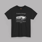 Black t-shirt with a graphic of a classic car and text on a gray background
