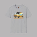 Sport gray t-shirt with a graphic of a classic van and surfboard on a gray background