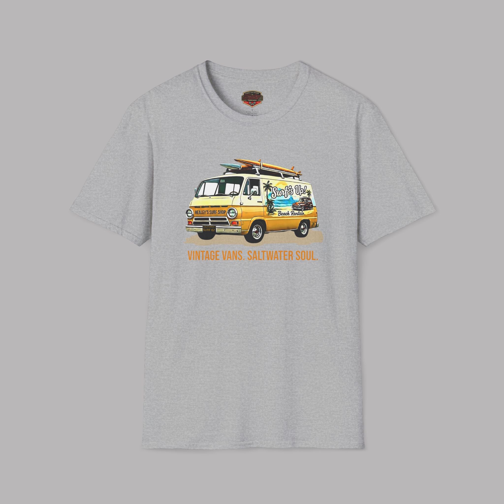 Sport gray t-shirt with a graphic of a classic van and surfboard on a gray background